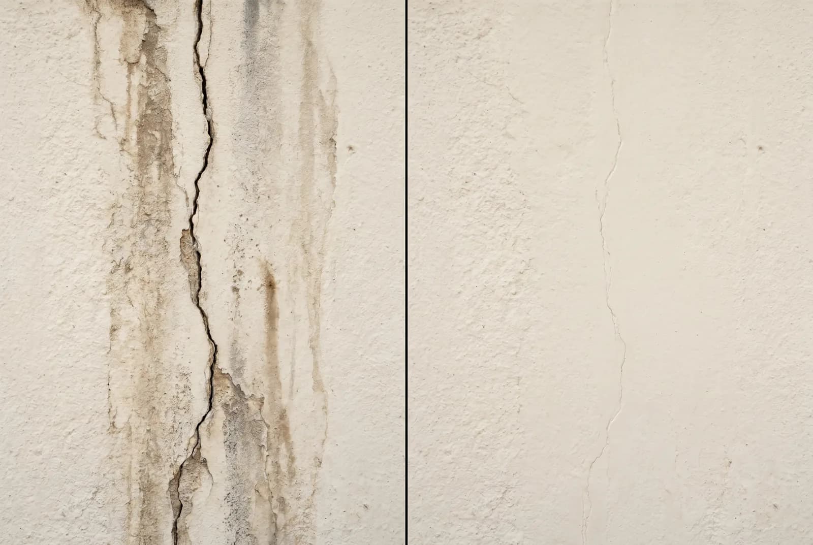 Side-by-side comparison of a foundation crack before and after repair: on the left, a wide vertical crack in a stucco-finished concrete wall with brown water-staining and efflorescence; on the right, a comparable wall after repair, showing only a clean, fine hairline.