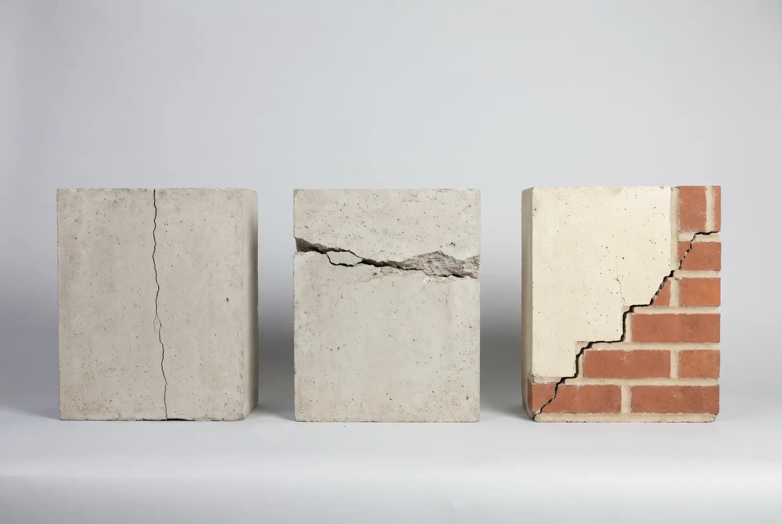 Reference illustration of foundation crack types: a vertical crack running straight up a poured wall, a diagonal crack radiating from a window corner, a stair-step crack following the mortar joints of a brick wall, and a horizontal crack across a basement wall with arrows showing soil pressure pushing inward.