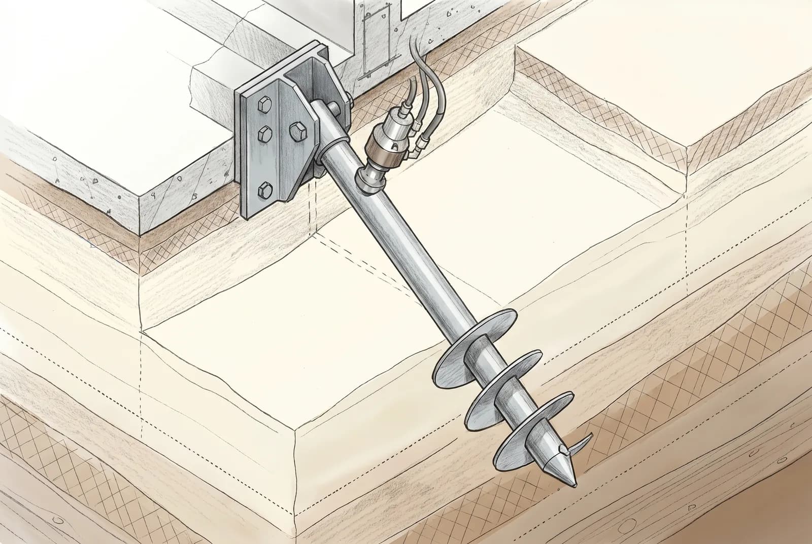 Technical isometric illustration of a residential helical pier installation. A galvanized steel shaft with three round helical plates is shown driven into layered soil at an angle, with its head bolted to a steel underpinning bracket attached to a concrete house footing.