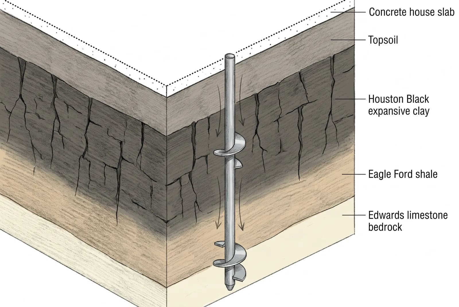 Technical cross-section illustration showing San Antonio soil strata: topsoil, Houston Black expansive clay, Eagle Ford shale, and Edwards limestone bedrock, with a helical pier driven down to the limestone.