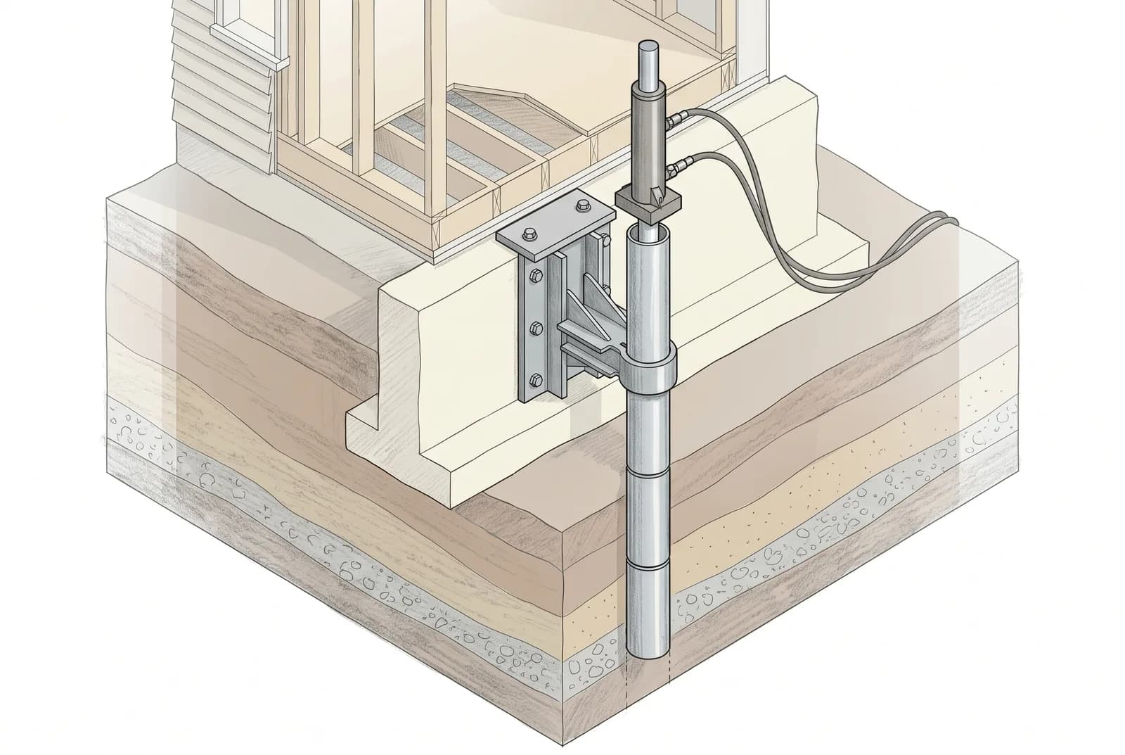 Technical isometric illustration of a steel push pier installation under a residential slab footing. A steel bracket is bolted against the footing, and a vertical hydraulic ram drives 3-foot sections of galvanized steel pipe through the bracket down through layered soil to a competent bearing stratum.